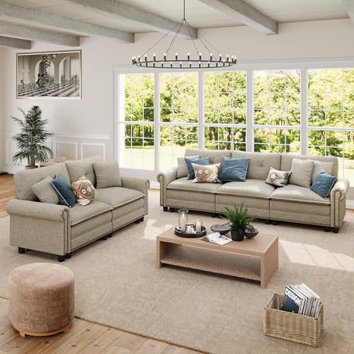 Image of SUNSHINE VALLEY Modular Sectional Sofa Set Living Room 2-Piece Deep Seats | Mid-Century Modern 5-Seater Cloud Couch Set, Light Grey, Rolled Arms & Nailhead Trim, Wider Seats, Soft Linen Furniture Set