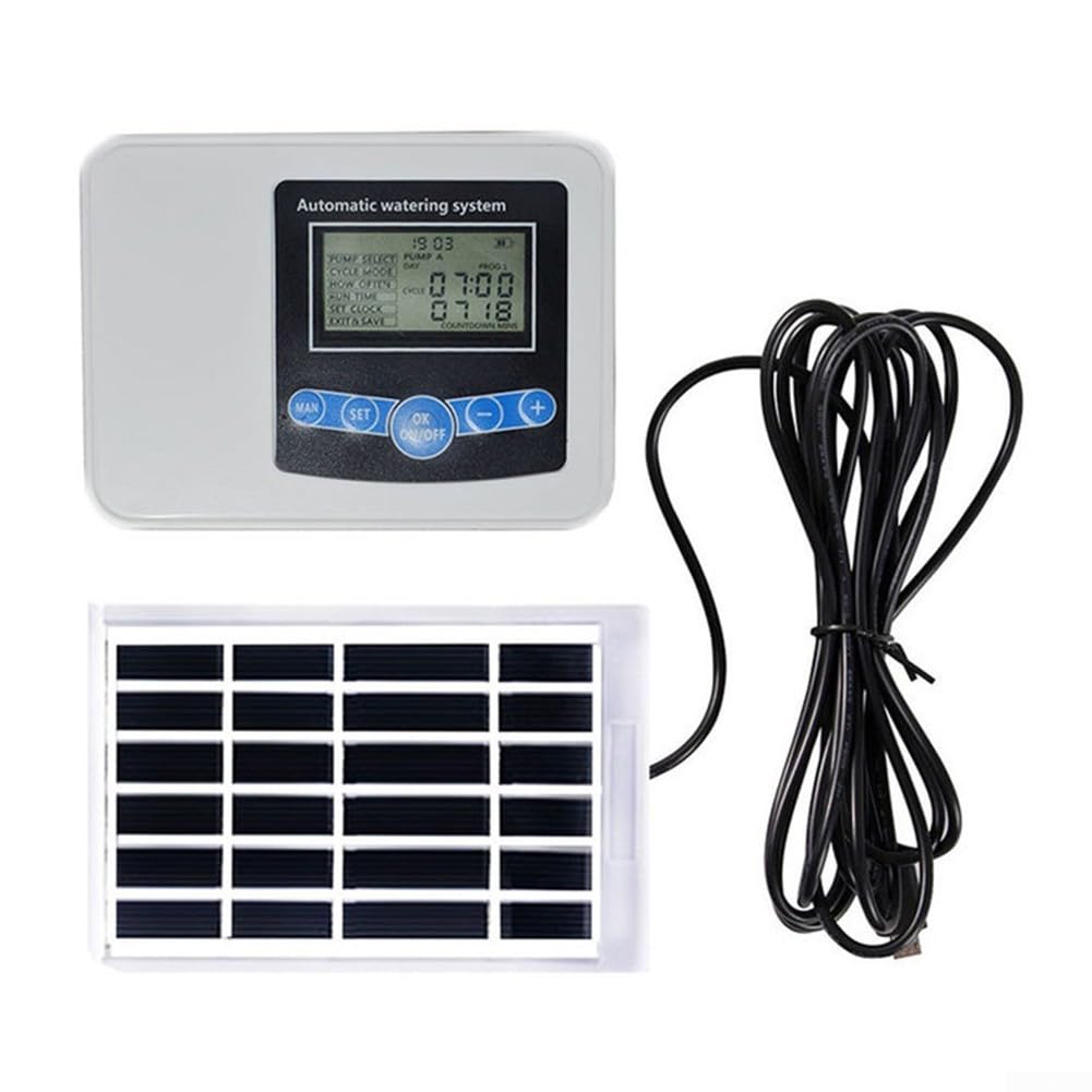 Zoegneer Solarbetriebener Rasensprenger mit Doppelpumpe, Bewässerungs-Timer mit eingebauter 1200 mAh Lithium-Batterie, USB-Aufladung, regendicht, leiser Kupfermotor, einstellbarer Durchfluss