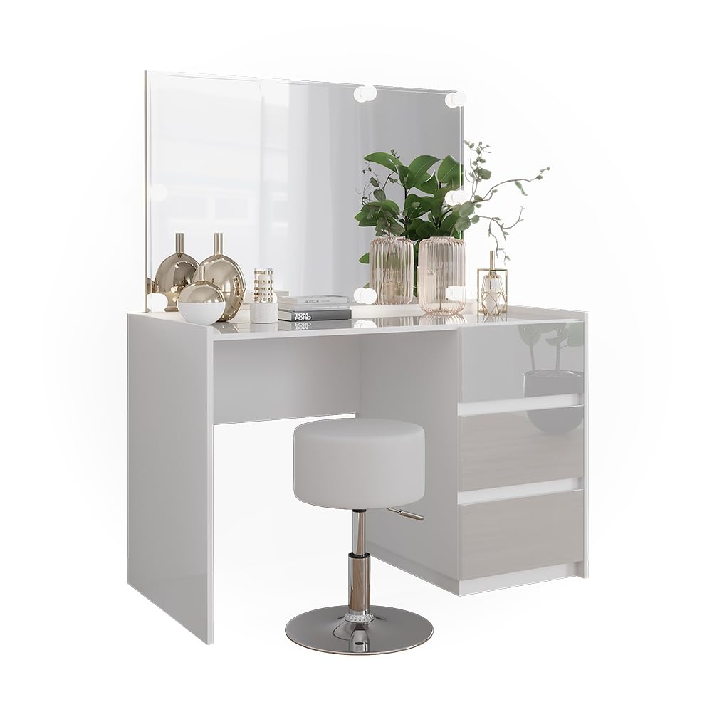 Vicco Schminktisch Marla, Weiß Hochglanz, 120 cm | mit Spiegel, Hocker, LED-Lichterkette, Große Tischfläche für Make-up, Schmuck und Styling-Utensilien