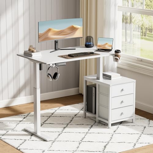Image of REAHOME Electric Standing Desk with Drawers, 47 x 24 Inches Height Adjustable Sit Stand Desk with Storage, 3 Memory Preset Home Office Computer Table, Printer Cabinet, 2 Hooks, Cable Management, White