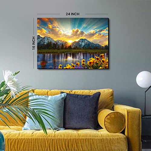 Mountain Wall Art For Living Room,Nature Sunflower Scenic Wall Art 16X24" Sunrise Grand Teton Landscape Canvas Picture Decor National Park River Painting Artwork For Bedroom Kitchen Home Decoration #TOP3