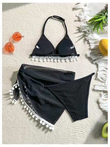 OYOANGLE Girl's 3 Piece Bathing Suits Textured Triangle Halter Bikini Set with Beach Skirt Cover Up2