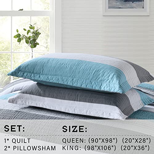 Perhom Striped Quilt Queen Size 100% Cotton Queen Size Quilt Bedding Set, Blue Gray White Green Striped Bedspread, Lightweight Cozy Queen Quilt Bedding Sets For All Season, 3 Pieces #TOP4