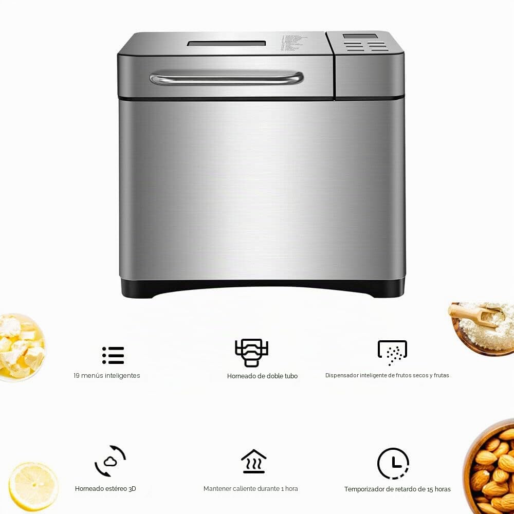 Panificadora 19 en 1, de acero inoxidable con panel táctil digital, 650 W, con caja automática de ingredientes