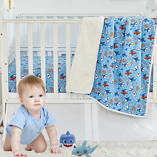 Image of Brandream Crib Bedding Set for Boys 100% Cotton 6 Piece Baby Toddler Nursery Bedding Set with Fitted Crib Sheet, Dust Ruffle - Blue Ocean Nautical Aquatic Whale Shark Coral Theme