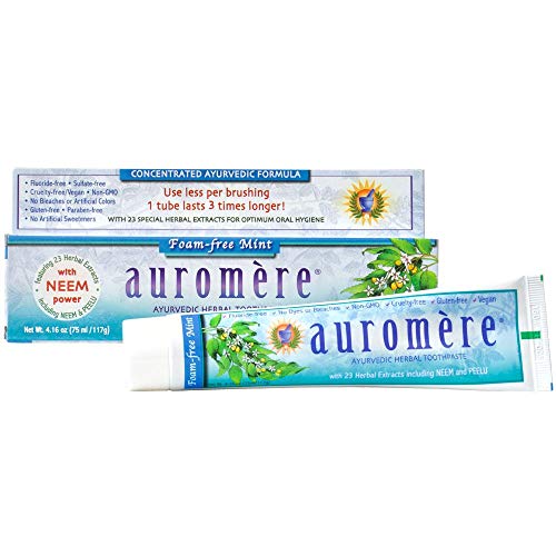 Auromere Ayurvedic Herbal Toothpaste, Foam Free Mint - Vegan, Natural, Non GMO, SLS-Free, Flouride Free, Gluten Free, with Neem & Peelu (4.16 oz), 1 Pack