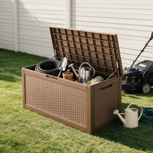 Image of 120 Gallon Deck Box,Lockable Outdoor Storage Box Gas Lift,Waterproof Grey | Package delivery box for outside, outdoor bench with lid, holds patio cushions, gardening tools, dock storage for patio