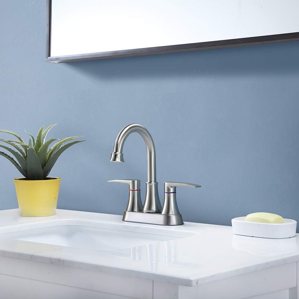 Tech Deals 🔥 VALISY Lead-Free Modern Commercial 2-Handle Brushed Nickel Bathroom Sink Faucet, 4 Inch Centerset Bath Lavatory Vanity Faucets Set for Bathroom Sinks with Pop-up Drain & Water Hoses
