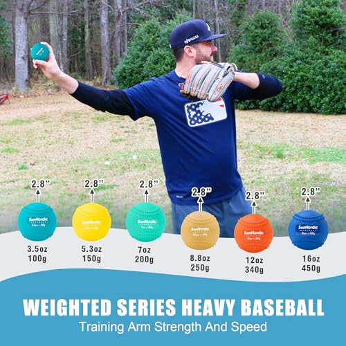 SunNordic 6/9 Pack Seams Plyometric Weighted Baseball Set (3.5-16/35/53/70 oz) - Variable Weight Plyo Baseballs for Improved Power & Pitching Training - for All Skill Levels