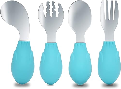 Btrfe - Juego de 4 tenedores y cucharas para niños pequeños, de acero inoxidable, utensilios de silicona para autoalimentación, color azul