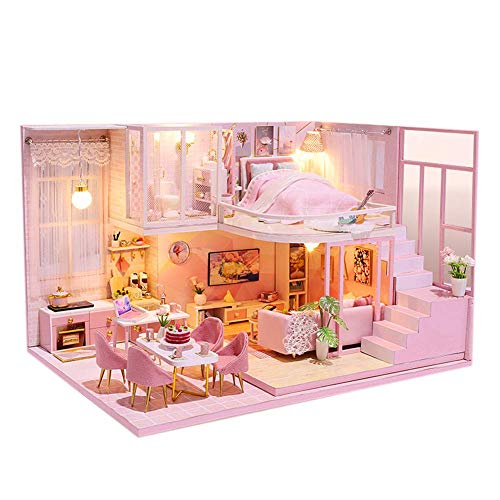 DIY Musik Puppenhaus Kit Mit Staubdicht Und Led Lichter Miniatur Rosa Loft Puppen Haus Möbel Puzzle Modell Hand Handwerk…