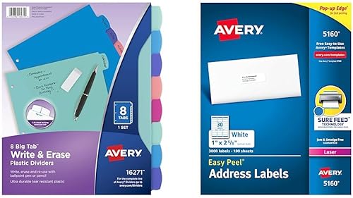 Avery Separadores de plástico duradero (16271) y etiquetas de dirección fáciles de despegar (5160) de Avery