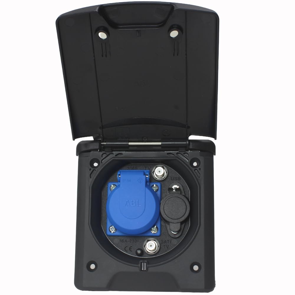 ABL Außensteckdose Wohnmobil/Boot: USB-A/C, Antenne, Schuko - 130x145mm, Schwarz, IP54, Made in Germany. Für Van & Wohnwagen