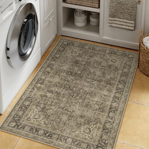 3x5 Washable Brown Vintage Area Rug for Entryway Non-Slip Low Pile Traditional Carpet Retro Distressed Soft Thin Door Mat Small Accent Throw Rug for Office Kitchen Bathroom Indoor