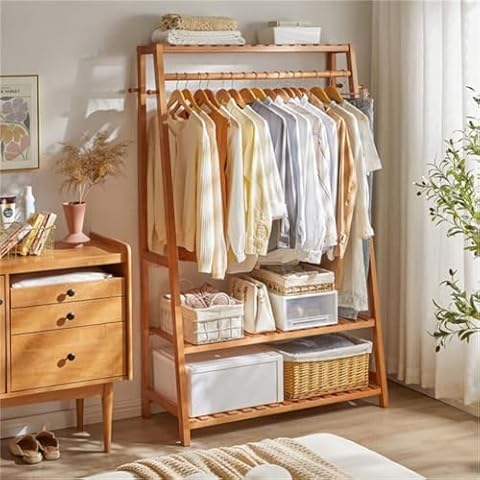 unho Bamboo Clothes Rail with Shelves Cover