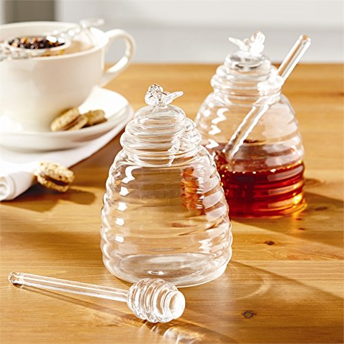 Twos Company Glass Honey Pot with Lid and Dipping Stick