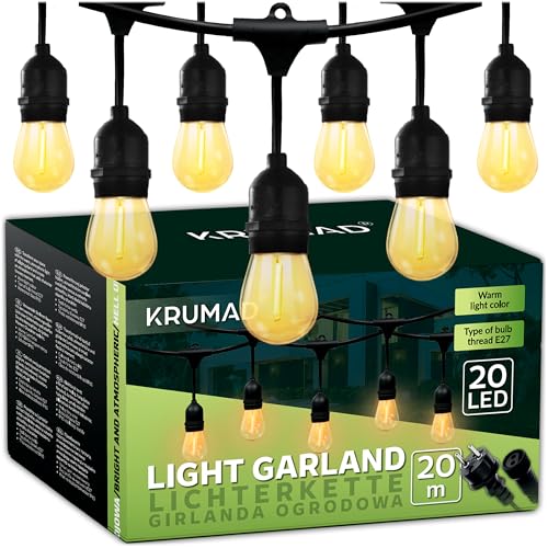 KRUMAD Catena luminosa a LED per esterni, 20 metri, E27, luce bianca calda, 2700 K, resistente alle intemperie, IP44, per giardino, balcone, terrazza, decorazione da giardino per esterni, feste