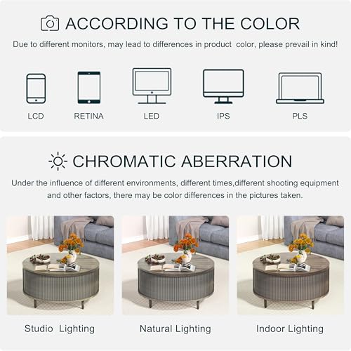 Image of Round Coffee Table, 31.5 inch Fluted Center Table with Storage, Lift-Top Coffee Table with Adjustable Footpads, Sliding Door, Mid-Century Modern Center Table for Living Room, Small Space (Grey)