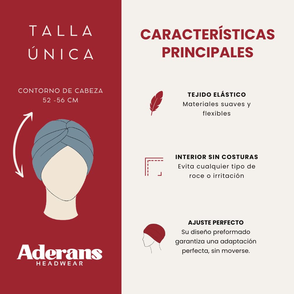 ADERANS Turbante oncológico Modelo Cosy – diseño Zahara en bambú Suave y Transpirable, Hecho a Mano en España, Especial para quimioterapia, Alopecia y Pieles sensibles