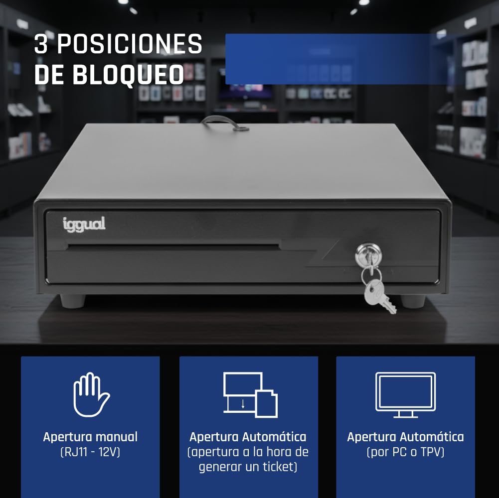 iggual – Cajón Portamonedas IRON-10 -Caja Efectivo Registradora Manual o Automática 4 Billetes y 6 Monedas -Cerradura 3 Posiciones - Material Acero+Plástico -Uso profesional- Negro (38x33,5x 8)