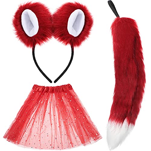 3 Pieces Halloween Fox Ears Headband Tail Veil Skirt Set Plush Fox Costume Headband Elastic Animal Hairband Cute Fox Ears Headwear, Fluffy Fox Tail, Red Sequin Tutu Skirt for Costume Accessories Prop