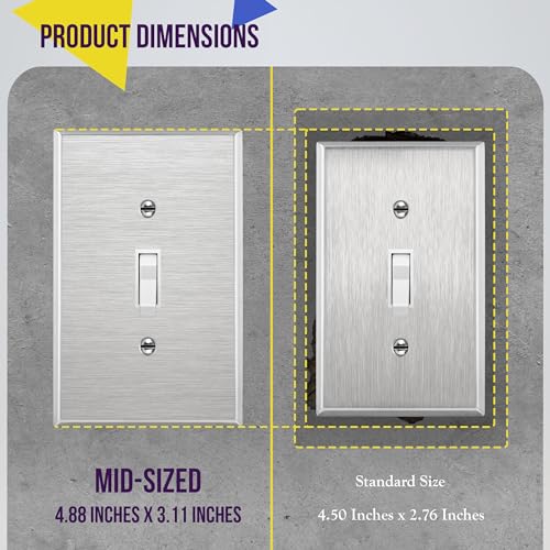 Image of ENERLITES Toggle Light Switch Metal Midway Size Wall Plate, Corrosion Resistant, Mid-Size 1-Gang 4.88 inch x 3.11 inch, UL Listed, 7711M, 430 Stainless Steel, Silver | Mid-size 4.88 inch x 3.11 inch; Rust-proof; UL Listed; Fits toggle switches; 7711M