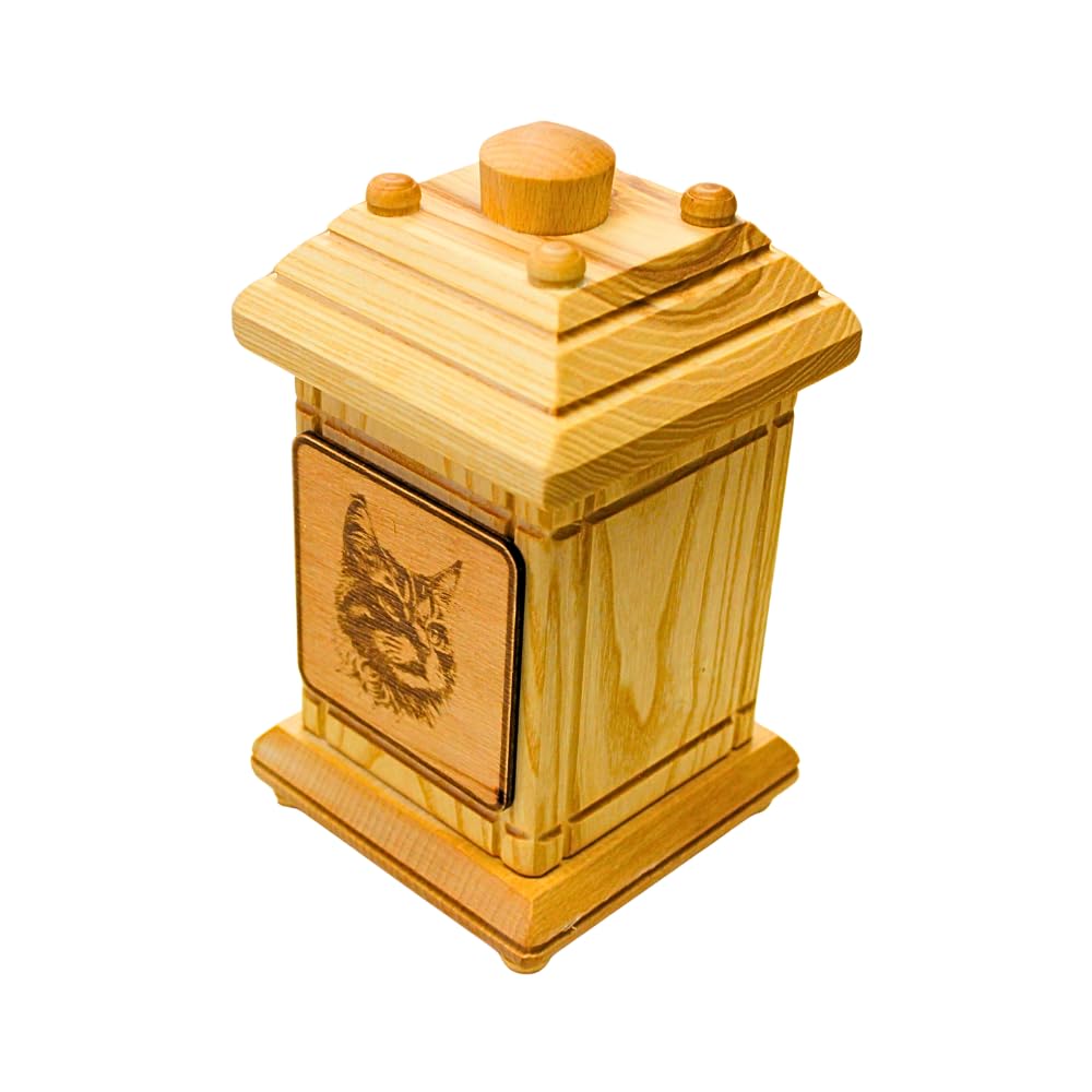 Würdevolle schlichte Tierurne, Urne für Katzen, Andenkurne Katze, Katzenandenken, Aschebox für Katzen, Andenkbox, Holzurne groß, Urne mit Katzenmotiv aus massivem Buchenholz, L/B/H 12 x 12 x 20 cm.