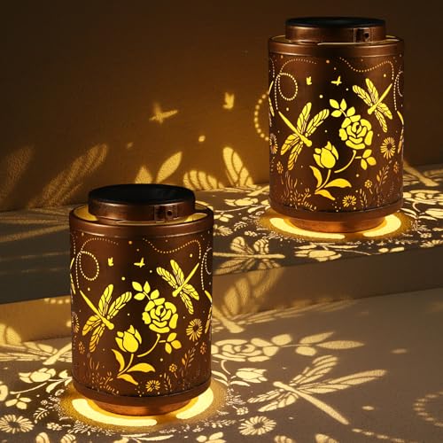 Image of 2 Pack Solar Lanterns Garden Decor Birthday Gifts for Women Mon Grandma Metal Hanging Solar Lights Waterproof Outdoor Decoration for Outside LED Lanterns for Yard (Dragonfly)