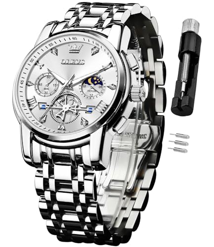Image of OLEVS Watch for Men Analog Quartz Luxury Diamond Dial Dress Wrist Watches, 2856:Silver White, Silver Watch | Chronograph, 100Ft Waterproof, Calendar, Luminous, Stainless Steel Strap
