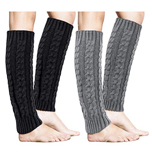 Loritta 2 Pairs Women Knit Leg Warmers Winter Warm Long Boot Socks,H(Black+Dark Grey)