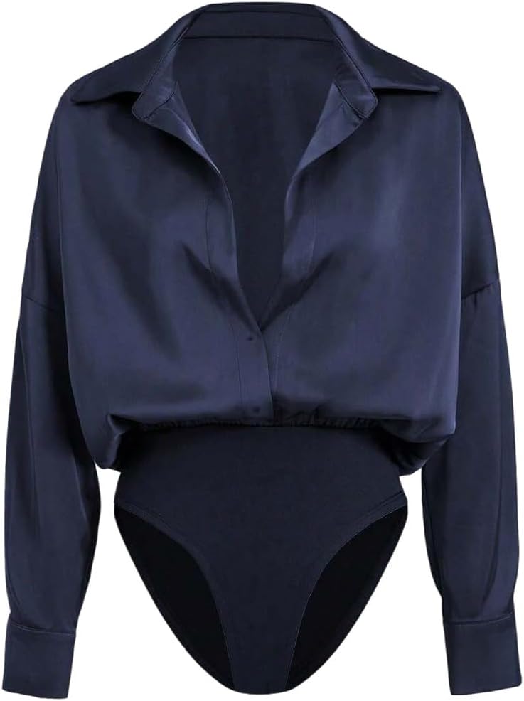 GORGLITTER Women's Deep V Neck Long Sleeve Shirts Bodysuit Satin Button Down Party Night Sexy Leotard Tops