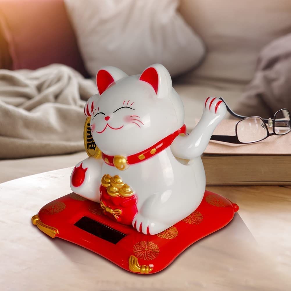 Nikou Maneki Neko Fortune Cat Solare Gatto Ricchezza Braccio Ondeggiante Bianca