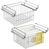 mDesign Compact Hanging Pullout Drawer Basket - Sliding Under Shelf Storage Organizer - Metal Wire - Attaches to Shelving - Easy Install - for Kitchen, Pantry, Cabinet - 2 Pack - Silver