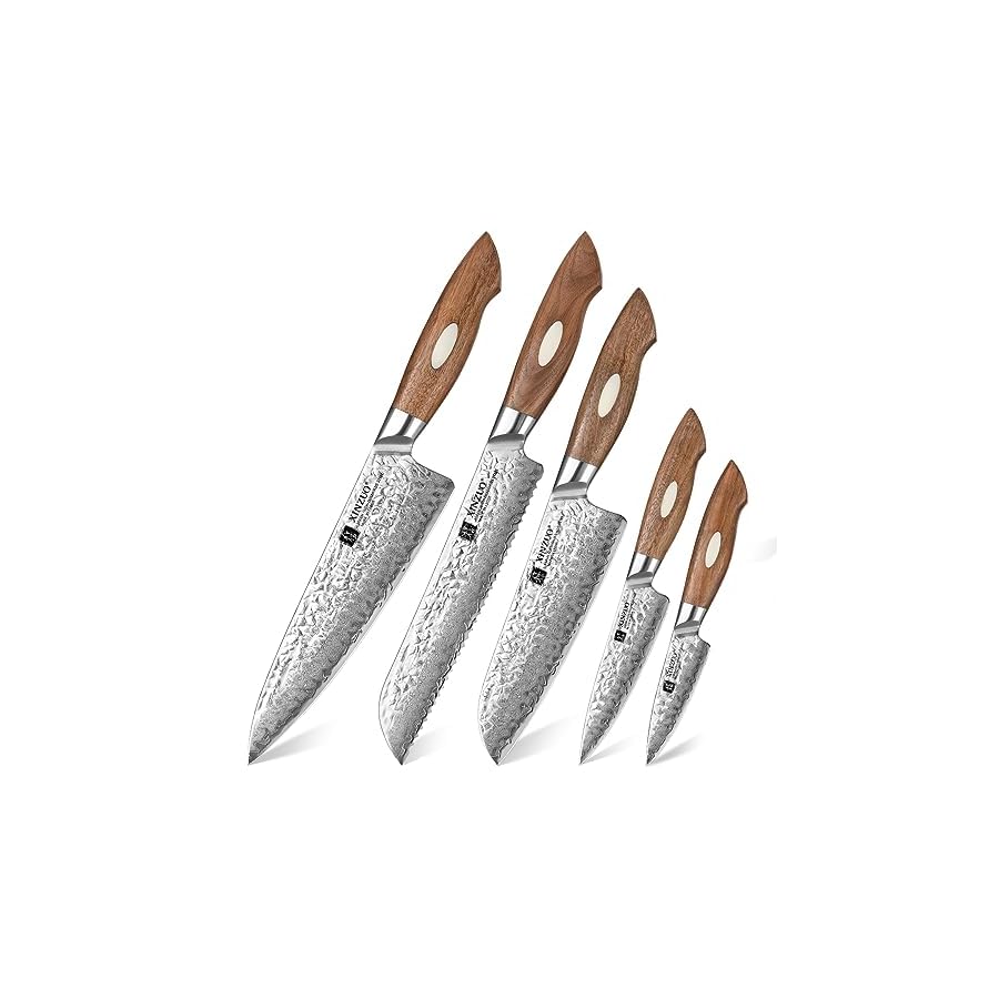 XINZUO-Damascus-AUS-10-Steel-5Pcs-Knife-Set-Japanese-Steel-Kitchen-Chef-Knife-Set-Professional-Cooking-Knife-Set-Chef-Santoku-Bread-Utility-Paring-Knfe-with-Black-Walnut-Wood-Handle XINZUO 5-Piece Kitchen Knife Set, Hand Forged Japanese AUS-10 Damascus Steel Professional Cooking Knife Set with Gift Box,Razor Sharp,Black Walnut Wood Handle