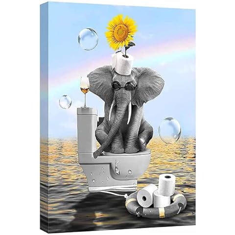 Bathroom Wall Art Elephant Sunflower Wall Art Funny Animal Elephant with Sunflower Sit on Toilet Bathroom Decor Painting Print Artwork 16x20 inch Cover