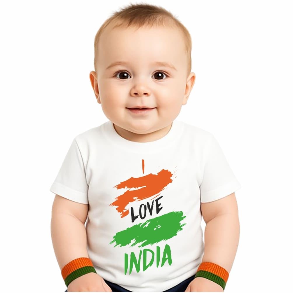 Happy IndependenceDay Baby T-Shirt, White Cotton, Tricolor Design with Printed Free 2 pcs warist Band-image-11