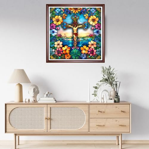Image of Findvoor Stamped Cross Stitch Kits for Beginner Embroidery Kits for Beginners Adults DIY 11CT Cross Stitch Patterns Needlepoint Kits Crossstitching Kits-Jesus Cross Flowers 18x18 inch