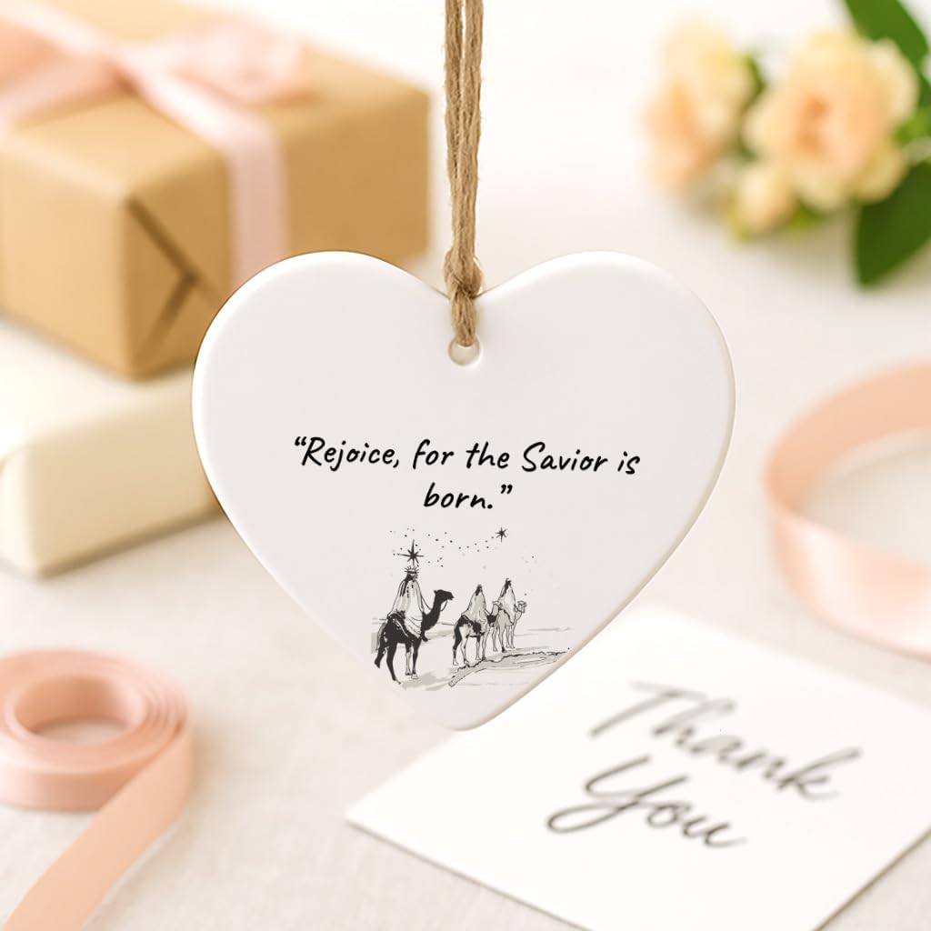 Religious Acrylic Heart Ornament – “Rejoice, for the Savior is born”, Christian Christmas Quote Decoration, Faith Keepsake Gift for Family