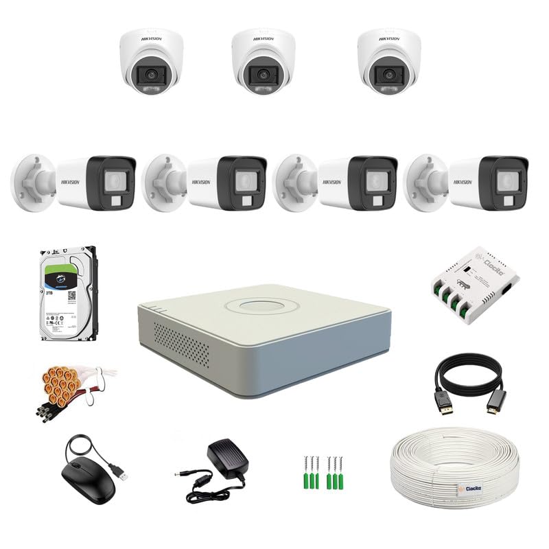 Image of HIKVISION 3K /5MP 8 Channel DVR, 3K (5MP) 3 Dome & 4 Bullet Cameras [Color Night Vision + Built-in Audio MIC + SMART Dual Light + Motion Detection] + 2 TB HDD + CLOCITE 8 CH SMPS + CCTV Cable + BNC /DC