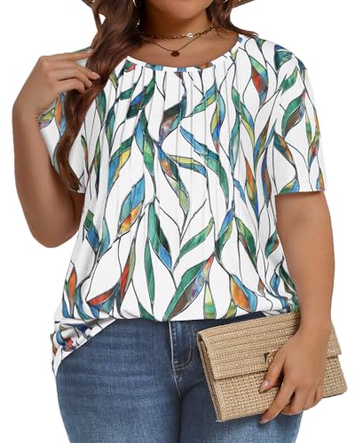 Image of Plus Size Tops for Women Pleated Summer Top Trendy Short Sleeve Shirts Casual Basic Tee Crew Neck Blouses 2026