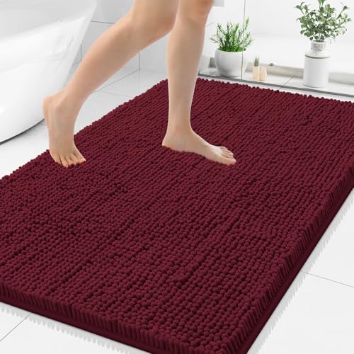 Smiry Luxury Chenille Bathroom Rugs 48x32, Extra Soft and Absorbent Shaggy Bath Mat, Machine Washable, Non-Slip Plush Carpet Runner for Tub, Shower, and Floor, Home Decor Accessories, Burgundy