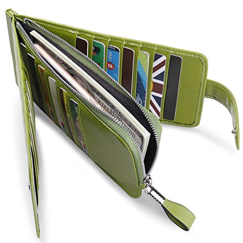 Huztencor Credit Card Holder RFID Blocking Wallet for Women Cases Slim Multi Organizer Protector Long Purse Clutch with ID Window Oil Wax Leather Green