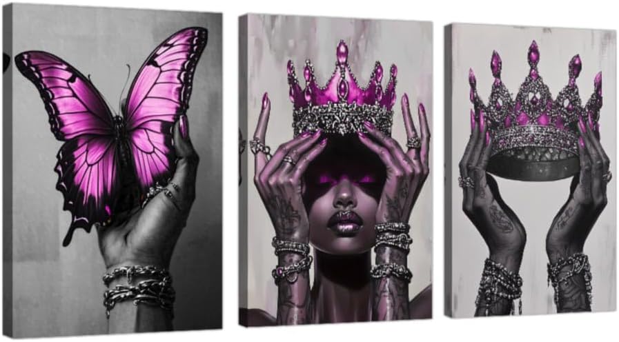 DOARTDO African American Canvas Wall Art 3 Pieces Blue Fashion Black Art Print Black Woman Pictures with Crown African Queen Painting Home Decor Framed (12"x16"x3 Pieces)