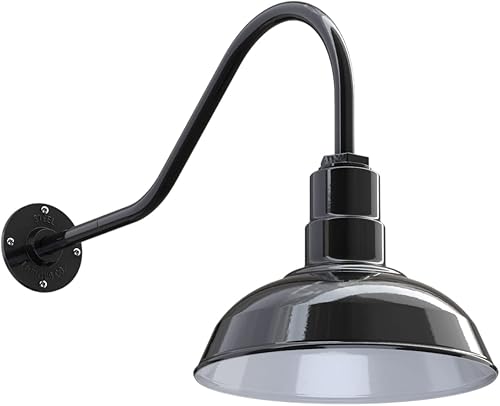 Steel Lighting Co. Westchester - Luz de granero  Montaje en pared al aire libre  Cúpula de 12 pulgadas  Cuello de cisne de 23 pulgadas  Luz de acero