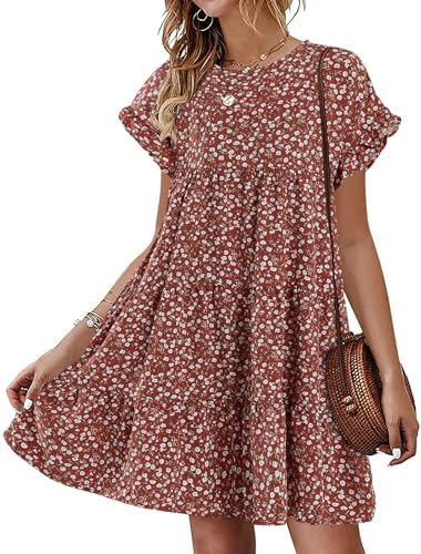 Image of Imysty Womens Boho Floral Ruffle Sleeve Babydoll Loose Flowy Casual Summer Pleated Mini Dress