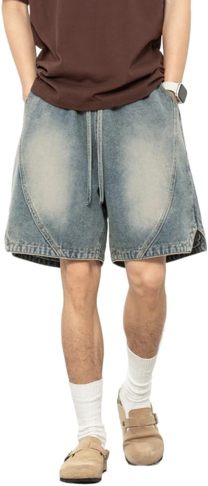 Men's Y2K Baggy Denim Shorts Loose Fit Vintage Harajuku Casual Jorts 2026 Summer Elastic Waist Alt Emo Streetwear