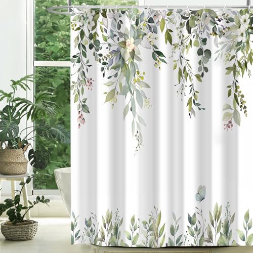 CTOTSYC Eucalyptus Shower Curtains for Bathroom, Sage Green Watercolor Leaves