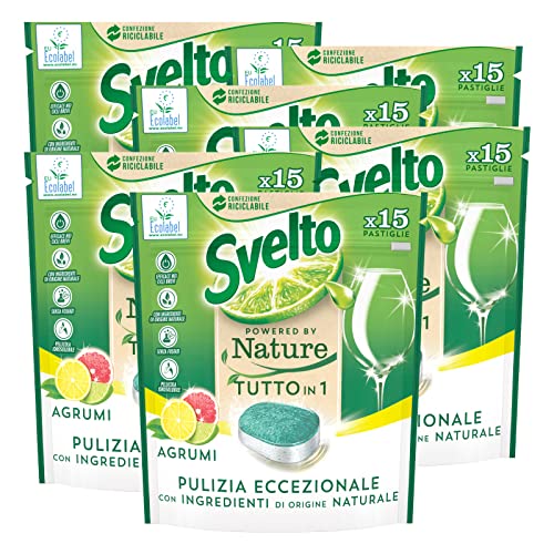 6x Svelto Powered By Nature Tutto in 1 Pastiglie per Lavastoviglie Pulizia Eccezionale Profumo Agrumi - 6 Confezioni da 15 Pastiglie