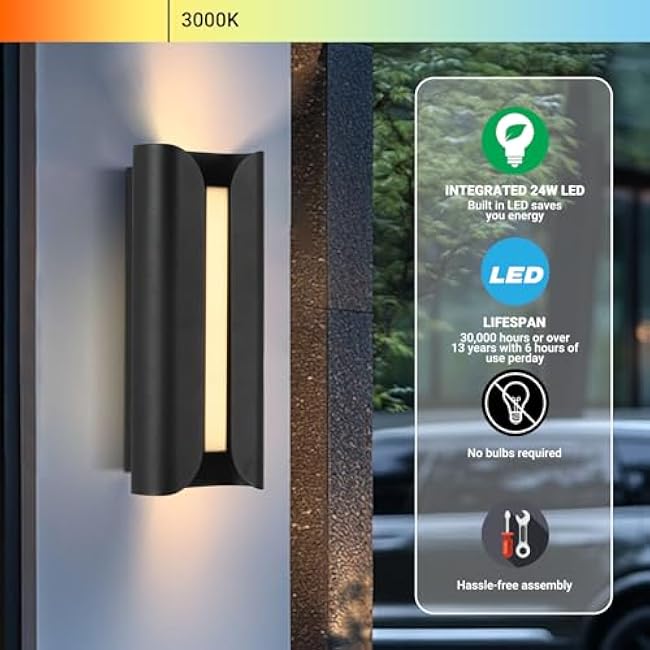 Modern Outdoor Wall Light Fixture, LED 24W 3000K Porch Large Wall Sconce Lamp, Waterproof Patio Garage Mount, Sleek Matte Black Minimalist Contemporary Design