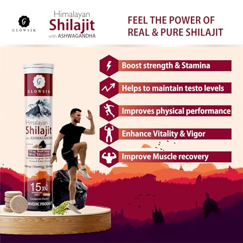 Image of GLOWSIK Himalayan Shilajit Original (750mg) 15 Effervescent Tablets, With Ashwagandha, Gokshura & Safed Musli for Strength, Performance & Muscle Recovery, Cardamom Flavour | Ayush Approved | Pack of 1
